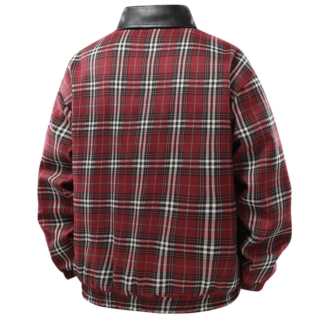 Double-sided PU leather jacket men's spring and autumn lapel plaid jacket loose casual locomotive jacket trendy fashion