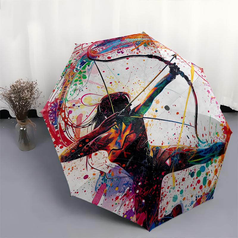 Archery, Abstract Art Automatic folding umbrella simple eight rib design, bright color pattern, durable iron frame, ideal for travel and ou