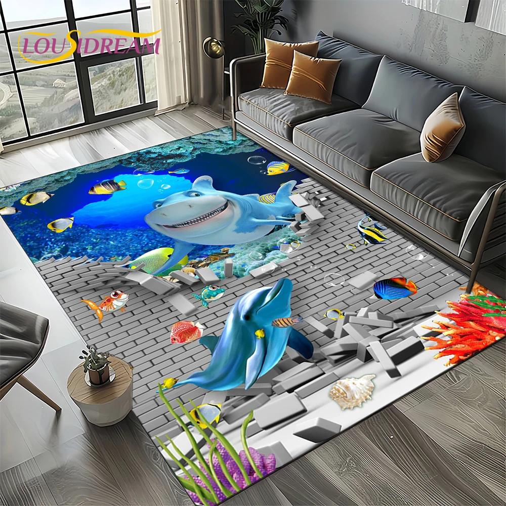 Underwater World 3D Illusion Seabed Cartoon Shark Dolphin Carpet Rug for Living Room Bedroom Home Sofa Decoration,Floor Mat Kid