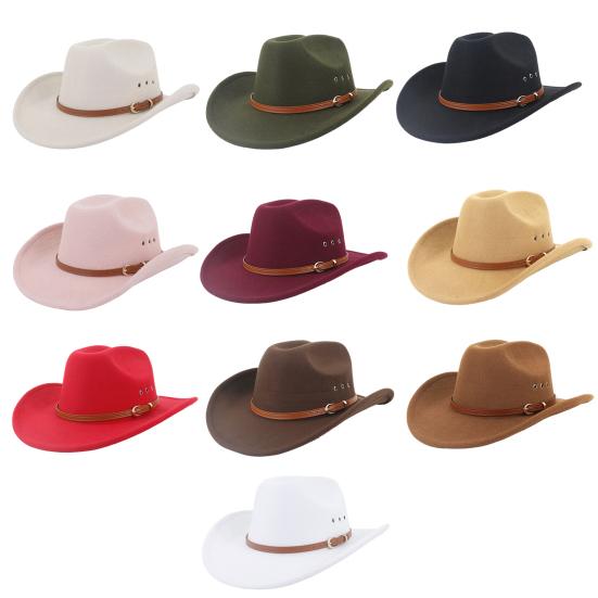 Ethnic Style Wide Brim Hemming Faux Leather Belt Decor Jazz Hat Western Cowboy Cowgirl Fedora Hat Fashion Accessories