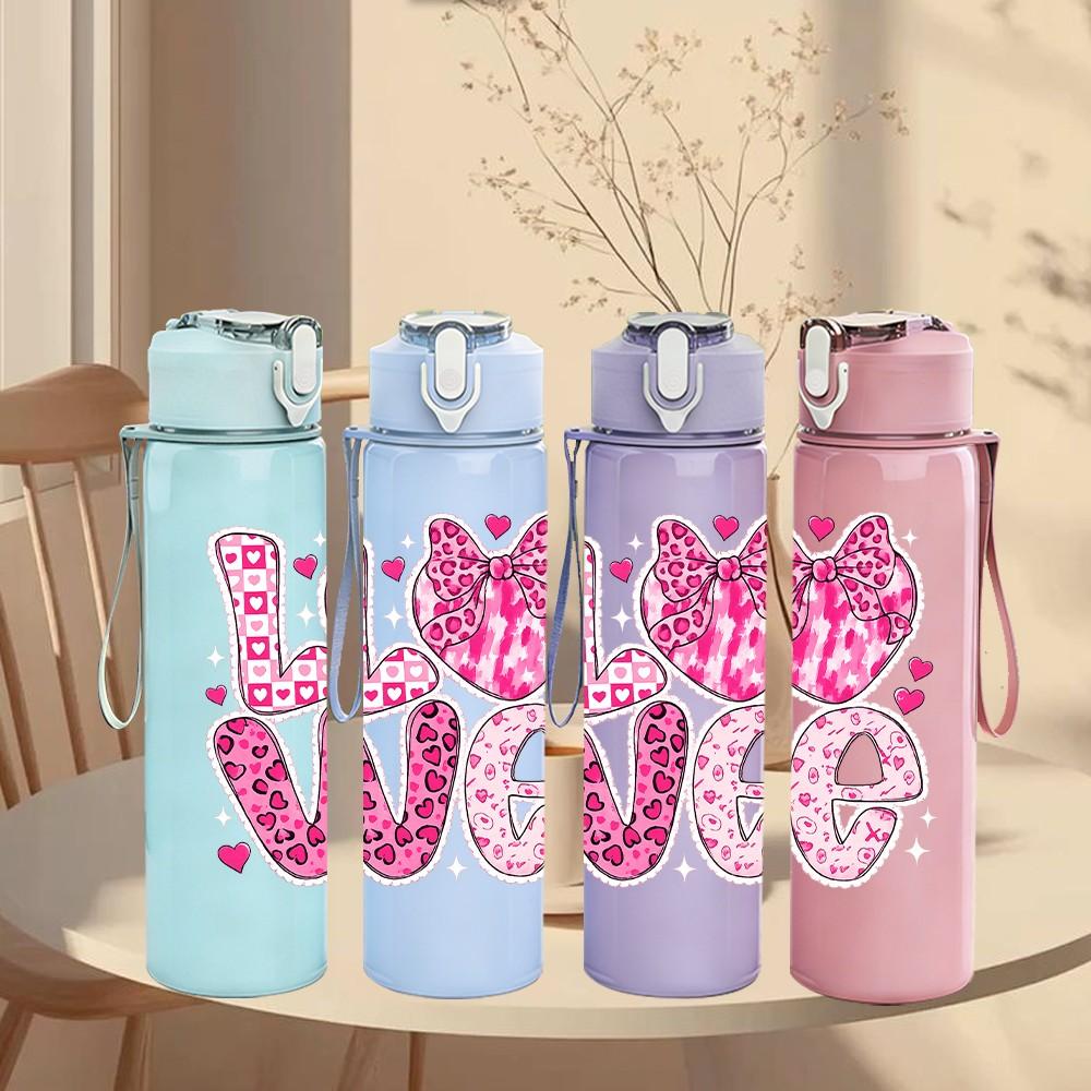 1PC Pink Glitter Love Heart Letter Print 750ml Color Plastic Sports Water Bottle Leakproof Flip Straw Lid Suitable for Sports Office Home Use