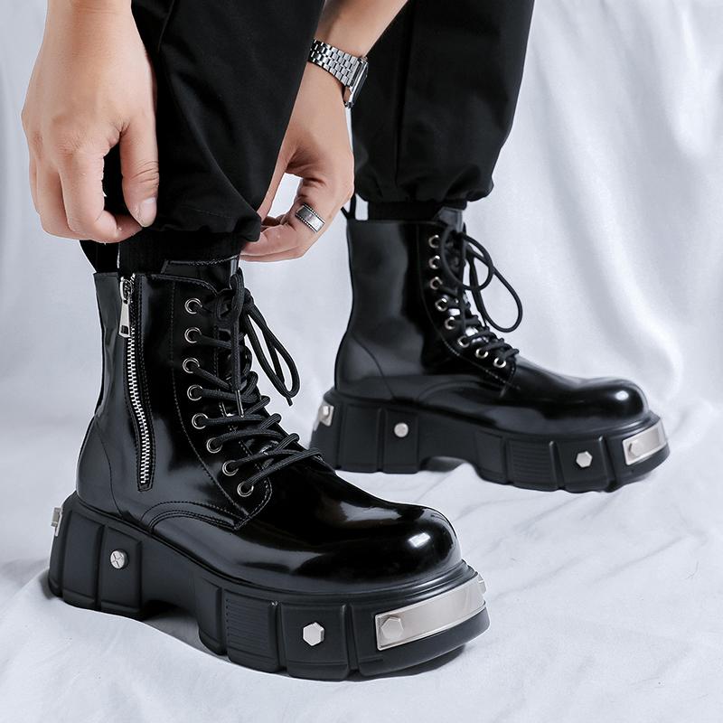 New Long Men's Boots Trendy Designer Style Casual Party and Outdoor Streets Lacquer Leather Shoes Thick Bottom Versatile