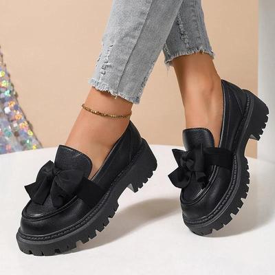 Mocassins de Plataforma com Laço de Primavera Mulher Preto Couro Sintético Slip On Sapatos Rasos Mulher Estilo Universitário Solado Grosso Sapatos de Vestir Tamanho 42