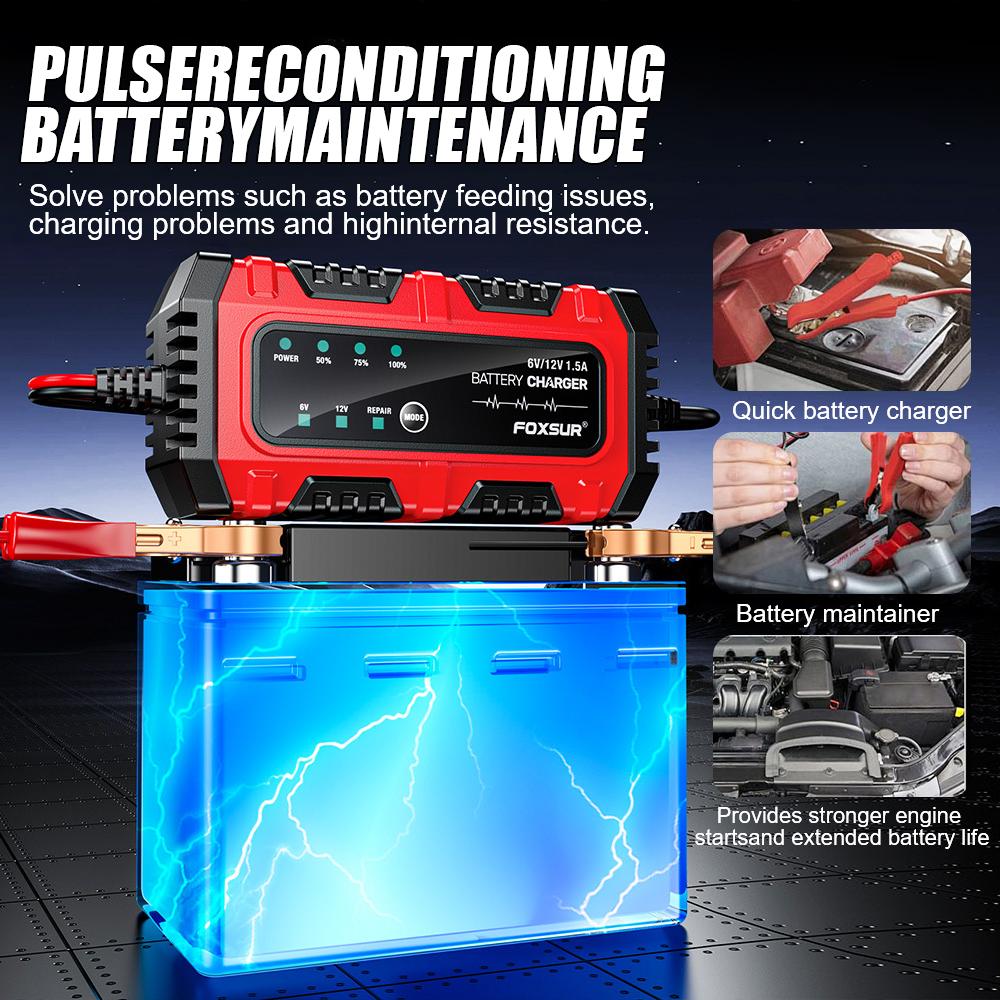 Full Intelligent Intelligent Pulse Repair Lead-Acid Battery Charger Car Motorcycle Battery 6V/12V 1.5A Multiple Protection Full Charge Self-stop
