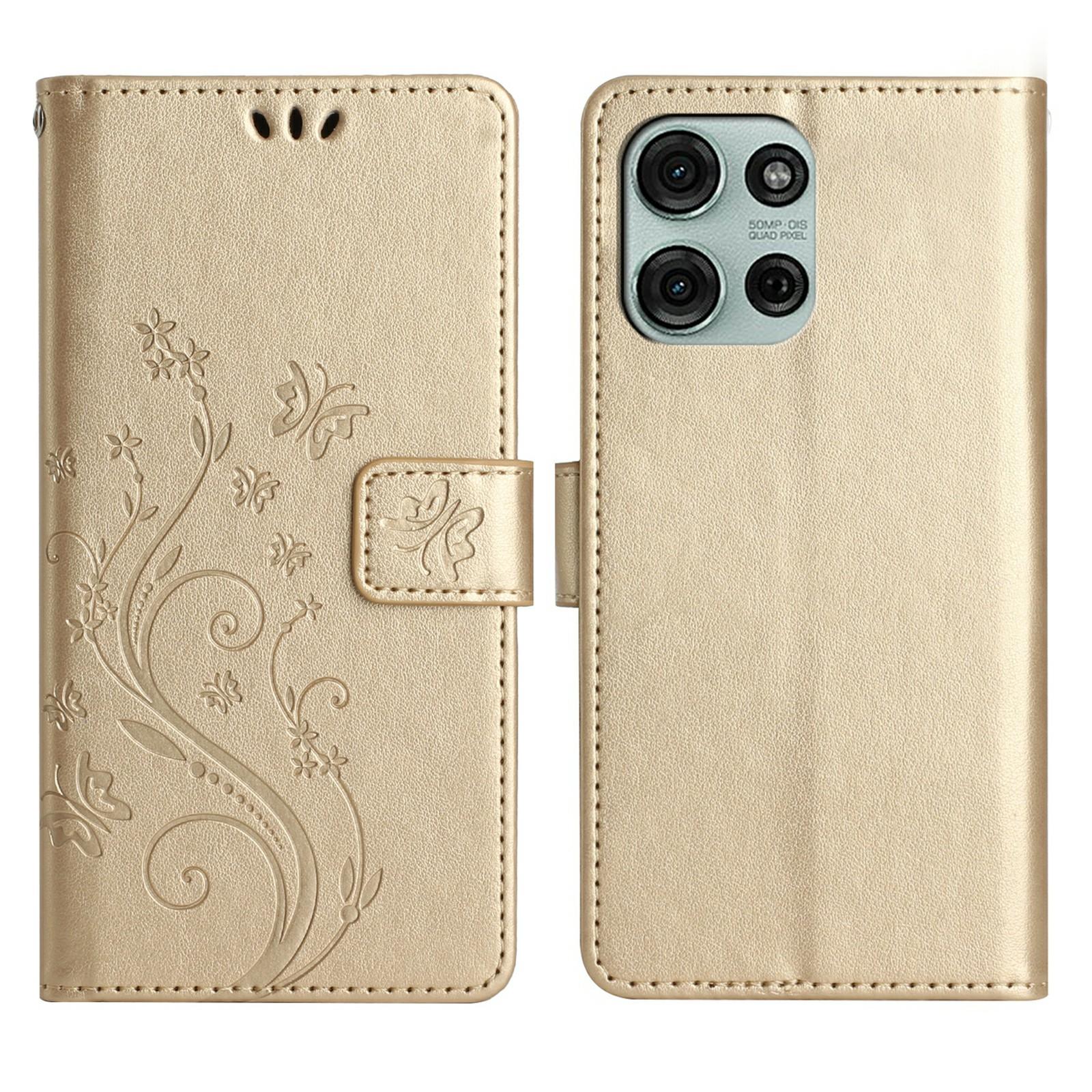 

For Motorola Moto G75 5G Leather Wallet Case Butterfly Flower Imprinted Phone Cover with Strap Gold