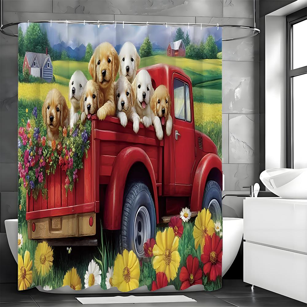 Spring Puppy, Car, Floral, Shower Curtain, House, Spring Puppy Bathroom Shower Curtain, Waterproof Shower Curtain, Shower Curtai