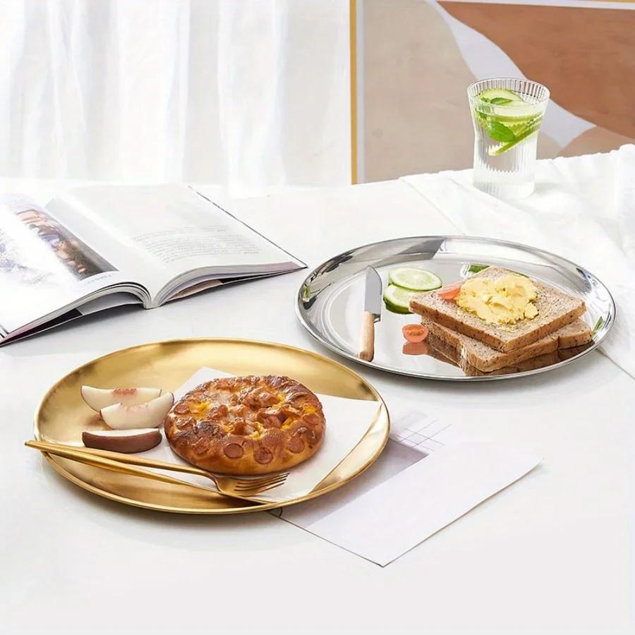 Korean Stainless Steel Gold Plate Thickened Fruit Plate Cake Salad Plate Flat Vegetable Plate Platter Restaurant Food Tray