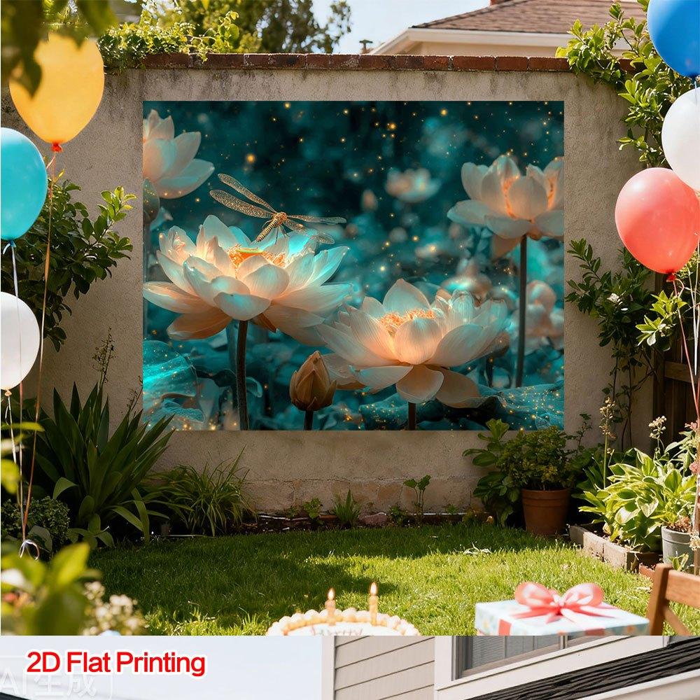 2D Plane Charming Lotus Dragonfly Background Fabric Highly Suitable for Home Garden and Interior Decoration Polyester Fiber