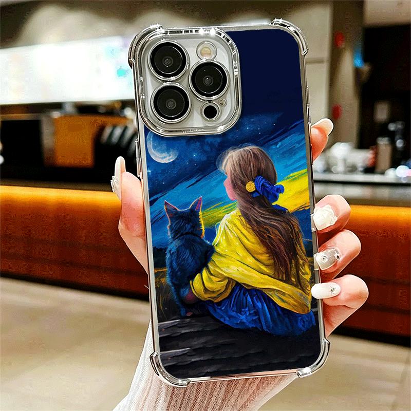 Blue Yellow Ukrainian Girl Plating Phone Case For Iphone 16 17 Pro Max Air 16E 14 15 Plus 12 13 Mini Anti-Fall Airabag Cover