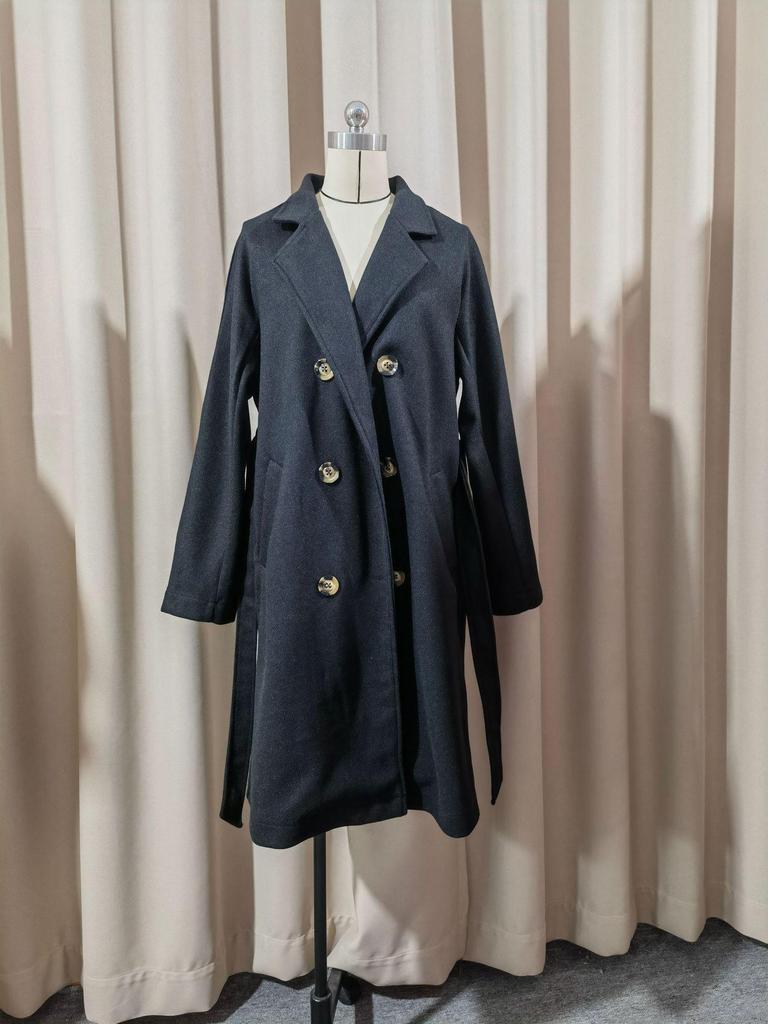 2025 Damen Zweireihiger Extra Langer Woll-Trenchcoat mit Drachen- & Phönix-Design, Unifarben, Reverskragen