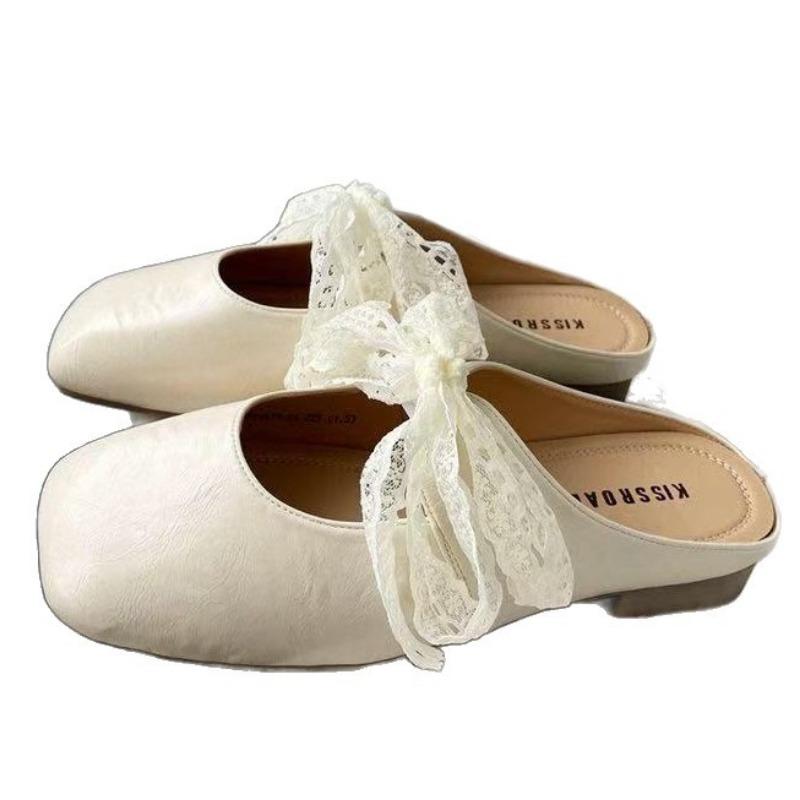 Lace bow half slippers women's spring and summer new outer wear silver thick heel soft leather shoes bag head slippers