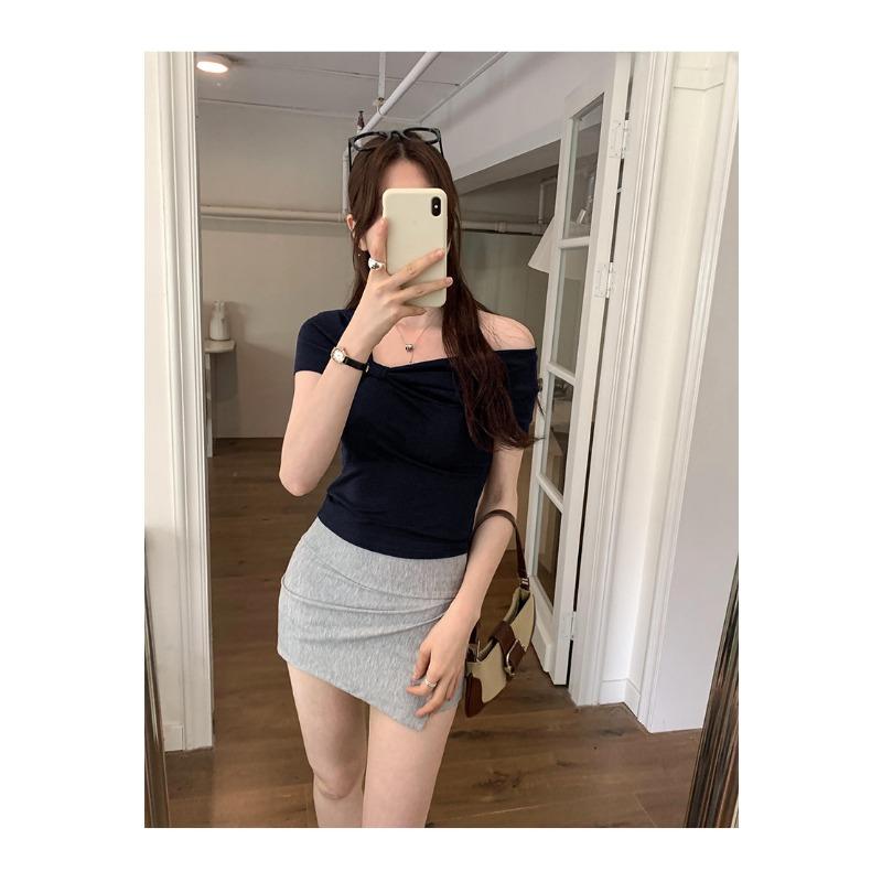 

New Design Pleated One-shoulder Summer Women s Off-shoulder Bow Sweet Short Sleeves XL чорний