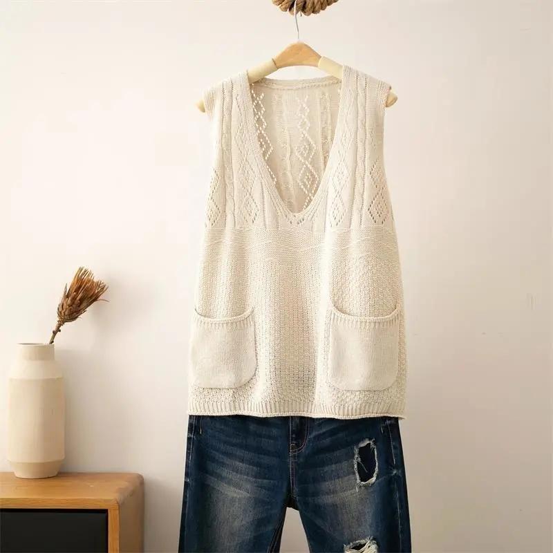 Vesta s výstřihem do V Dámské jarní a podzimní nošení Duté retro Literární a umělecké pletené vesty Volný top