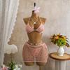 Women American Retro Mesh Sequined Three Piece Bikini Swimsuit
