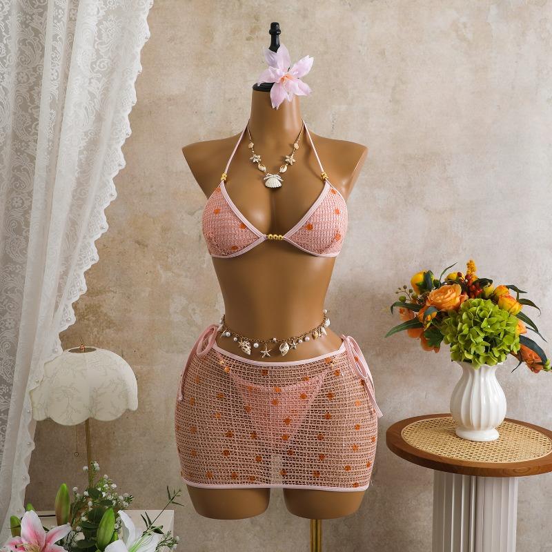 Women American Retro Mesh Sequined Three Piece Bikini Swimsuit