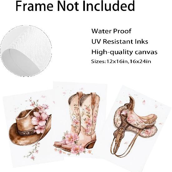 Tertiosh 3Pcs Western Cowgirl Wall Art Retro Western Flower Boots Hats Wall Decoration Pictures Girls Room Paintings Artwork Preppy Prints for Living