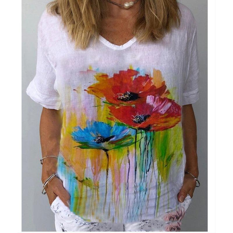 

Весна и лето Новая женская футболка свободного покроя с 3D-цифровым принтом и покатым вырезом 4XL