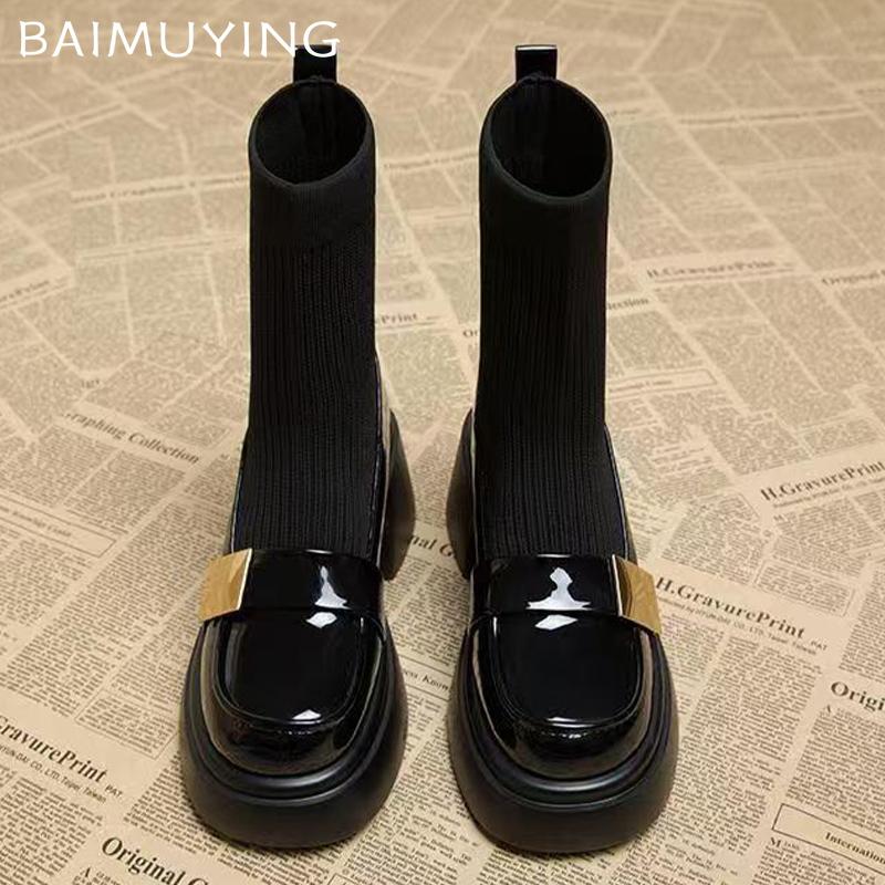 Platformové dámské sněhule kotníkové boty vysoké podpatky designové boty pletené robustní ponožkové boty 2024 trend zimní nové gotické dámské boty