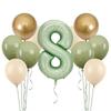 11pcs 32 Inch Sage Green Number Balloons Set Sand White Avocado Green Gold Latex Balloons for Boy Girl 1st Birthday Decorations