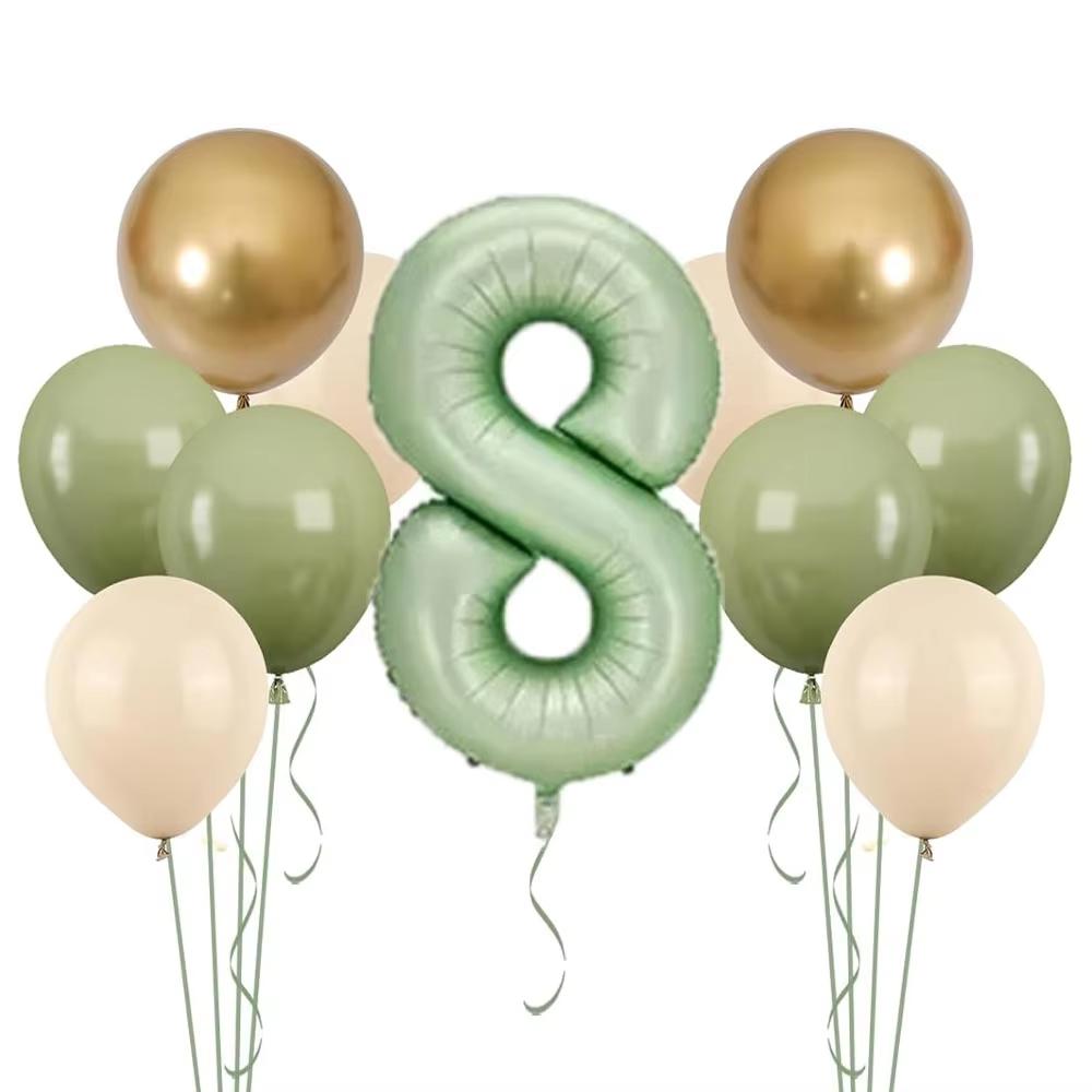 11pcs 32 Inch Sage Green Number Balloons Set Sand White Avocado Green Gold Latex Balloons for Boy Girl 1st Birthday Decorations