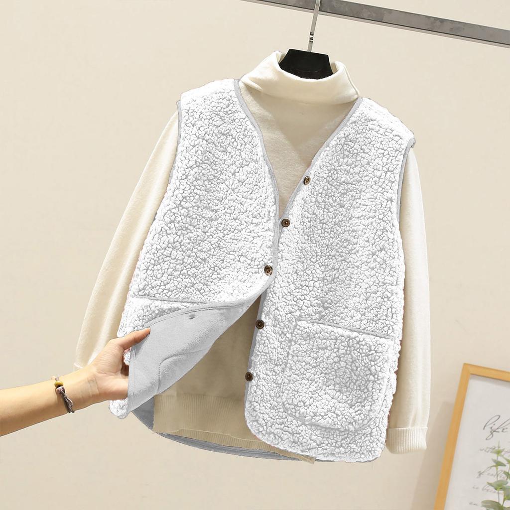 Women's V Neck Sleeveless Fleece Vest Loose Fit Casual Warm Waistcoat Jacket