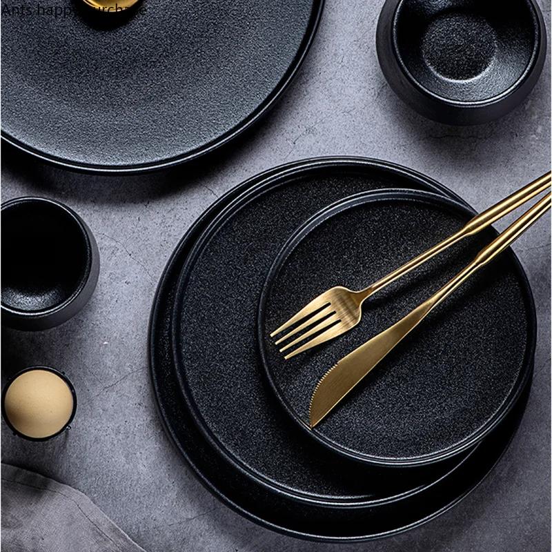 Black Ceramic Tableware Dinner Plates Rice Bowls Noodle Bowl Soup Bowl Salad Bowls Western Plate Steak Plates Dishes Pasta Plate