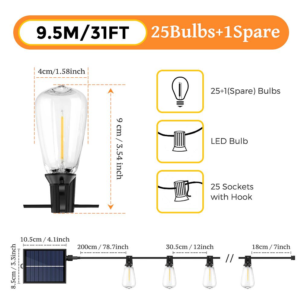 

12M/9.5M солнечные гирлянды для улицы с пультом дистанционного управления, уличная лампа ST38 и светодиодные лампы IP65, ударопрочные, 8 режимов освещения для садовой вечеринки USB and Solar charge