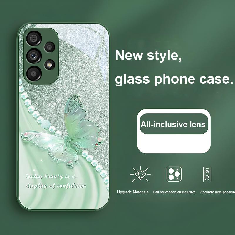 Pearl Butterfly Gradient For Samsung Galaxy S23 24 Plus S20 21 FE S25 Ultra A70 72 73 51 52 53 Tempered Glass Phone Case