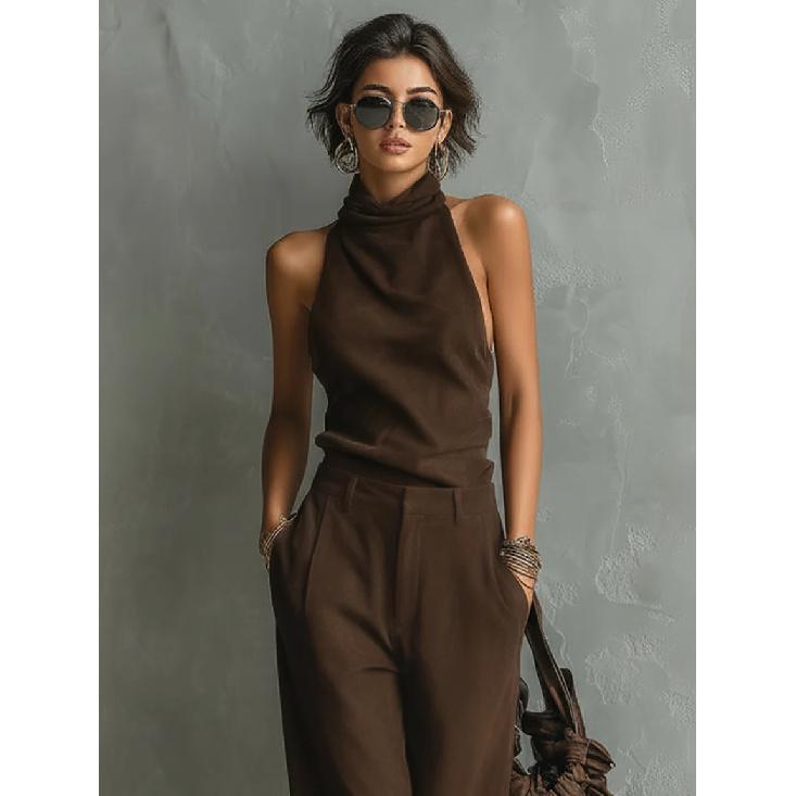 2026 Spring and Autumn New Women s Simple Sleeveless Top and Casual Straight Pants Fashion Set XS коричневый