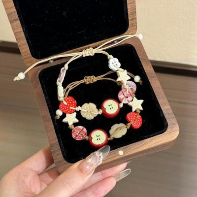 1/2Pcs Trendy Women Ladies  Jewelry  Lovely Apples Charm Bracelet For Girls With Brown Cord Fun And Stylish Accessory