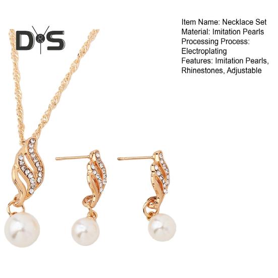 2Pcs/Set Women Jewelry Set Imitation Pearl Rhinestones Inlaid Necklace Drop Earrings Set Wedding Accessories