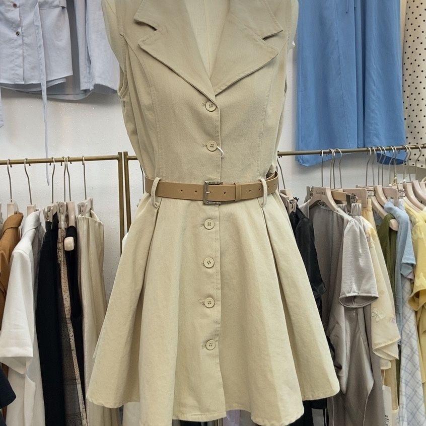 Real Price Fashionable Summer Casual New Temperament Lapel Waist Single-breasted Thin Sleeveless Short Dress Dress