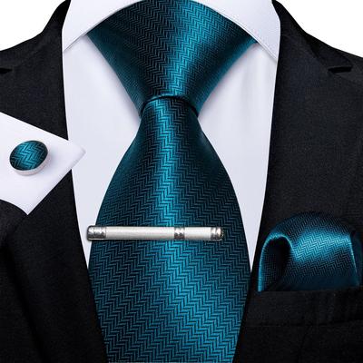 Silk Men's Tie Clip Bule Solid Tie for Men Luxury Necktie Hanky Cufflinks Set Formal Wedding Tie