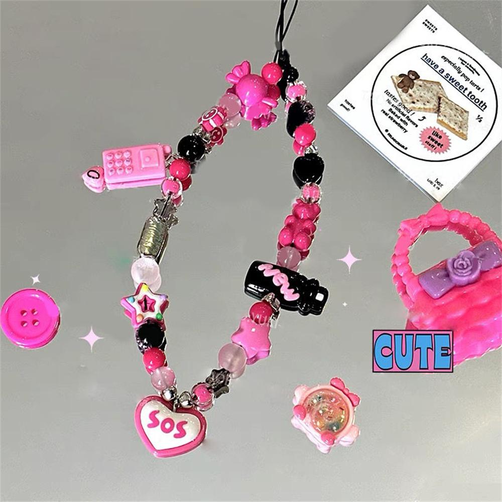 

Y2K Hot Pink Bear Cellphone Love Heart Phone Chain Charm For iPhone Accessories Wrist Strap Keycord Lanyard Korean Girl Hanging