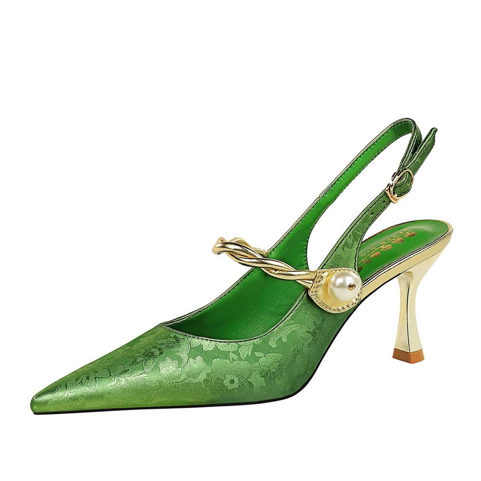 fashion 2024 New Metallic High Heel Pointed Toe Cutout Ankle Strap One-Strap Pearl Backless Pumps