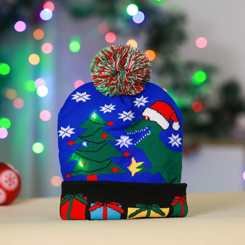 Cross-border Christmas decoration supplies cuffed knitted hat with ball LED light Santa Claus luminous hat for adults and children