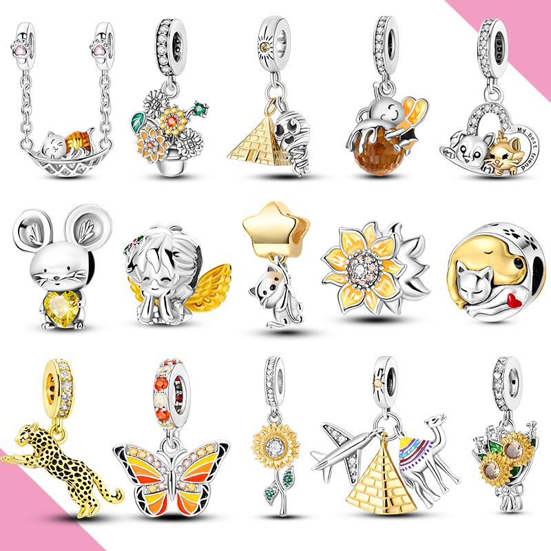 Copper Dangle Charms Yellow Series Flower Cat Dog Fit Bracelet Diy Pendants Beads For Woman Jewelry
