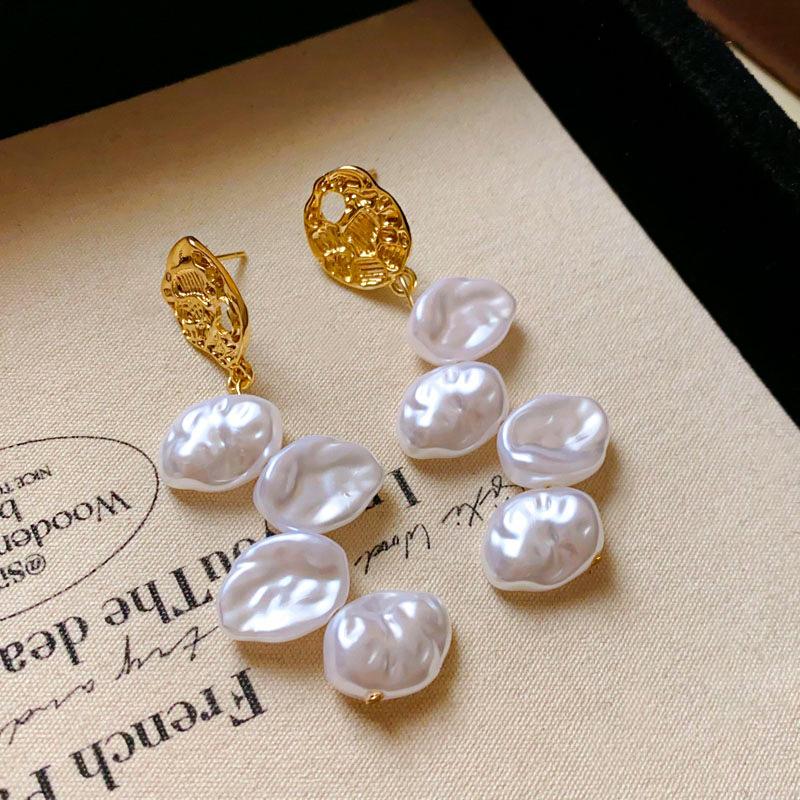Silver needle pleated faux pearl fringed earrings French retro geometric earrings niche commuter earrings