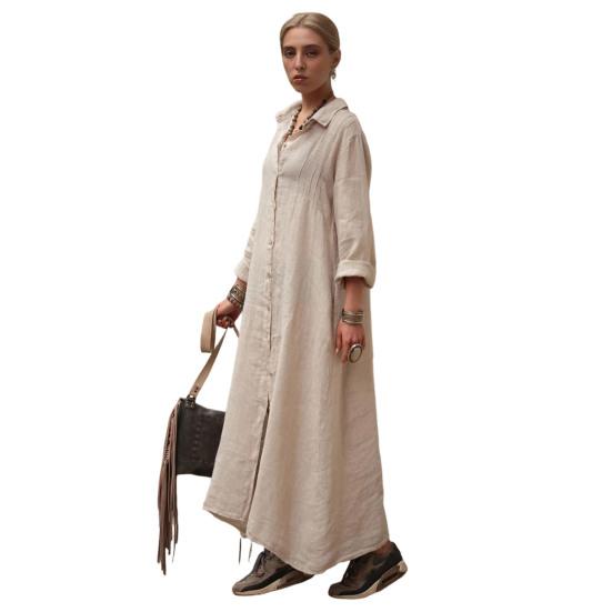 Women's Cotton Linen Shirt Dress Casual Rolled-Up Sleeve Button Dowm Maxi Dress Summer Loose