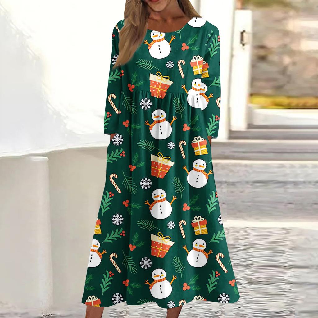 Rochie midi casual de damă cu gât rotund și imprimeu de Crăciun, cu mâneci lungi și buzunare