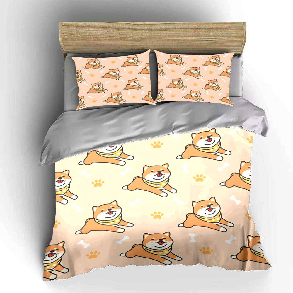 3Pcs Cute Shiba Inu Bedding Set, Kawaii Shiba Puppies Pattern Print Duvet Cover + 2 Pillowcases, Dog Lover Decor