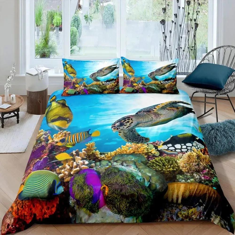 Fisch Bettwäsche-Set Ozean Bettwäsche-Sets 3D Gedrucktes Unterwasserwelt mit Hai Delfin Korallenriff Muster Bettbezug-Set
