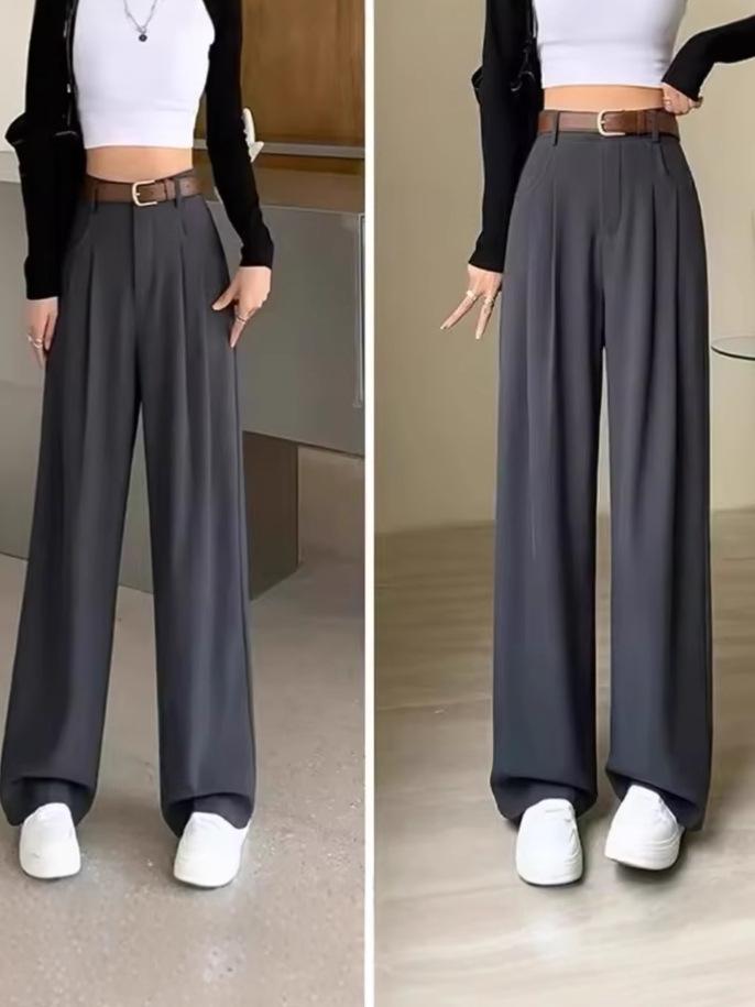 Elegant High-Waisted Drapey Suit Pants for Women - Spring/Autumn, Floor-Length, Straight & Wide-Leg Style.