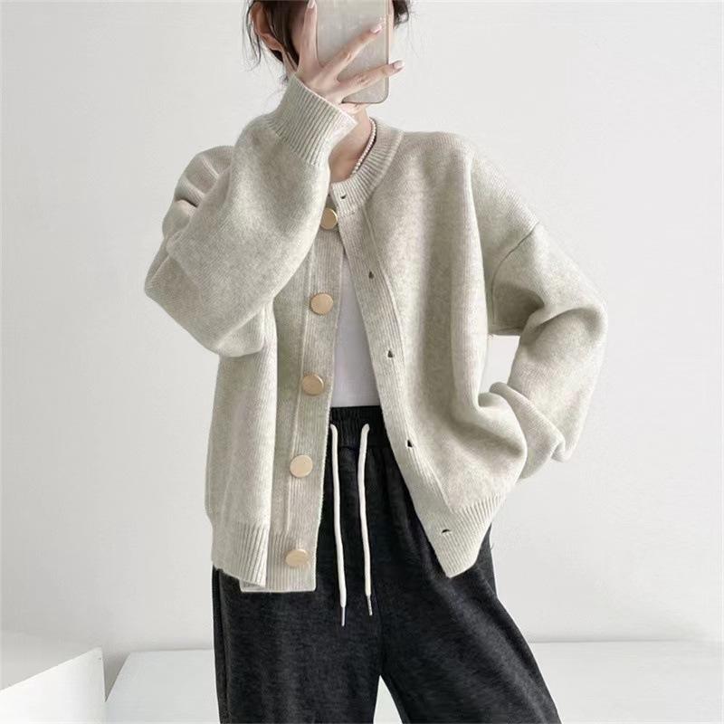 New Simple Round Neck Single-breasted, Knitted Cardigan for Women, Loose Soft Waxy, Knitted Long-sleeved Top and Coat.
