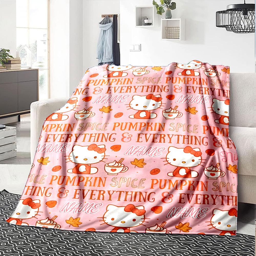 Hello Kitty Pumpkin Spice Autumn Theme With Leaves And Cups Of Hot Drinks Multipurpose Customizable Blanket Customize Text Ultrasoft For Sofa Couch