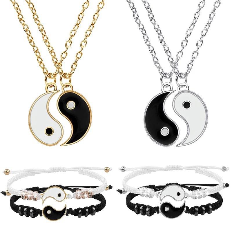 Zwei verstellbare Yin-Yang-Muster Armbänder und Halsketten Set, Anhänger, Partner-Stil.