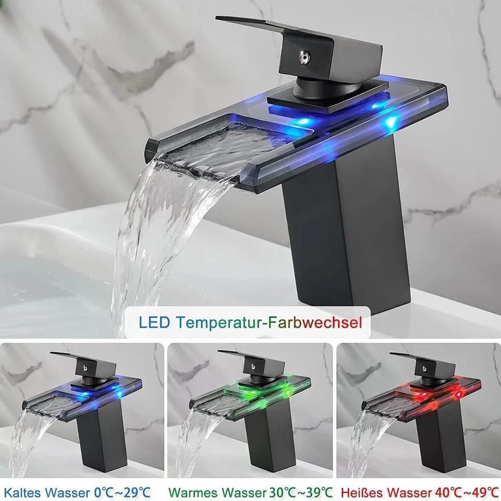 Basin Faucet Waterfall LED 3 Colors Glass Outlet Bathroom Battery Powered Basin Mixer Tap Chrome Deck Mounted Hot Cold Tap
