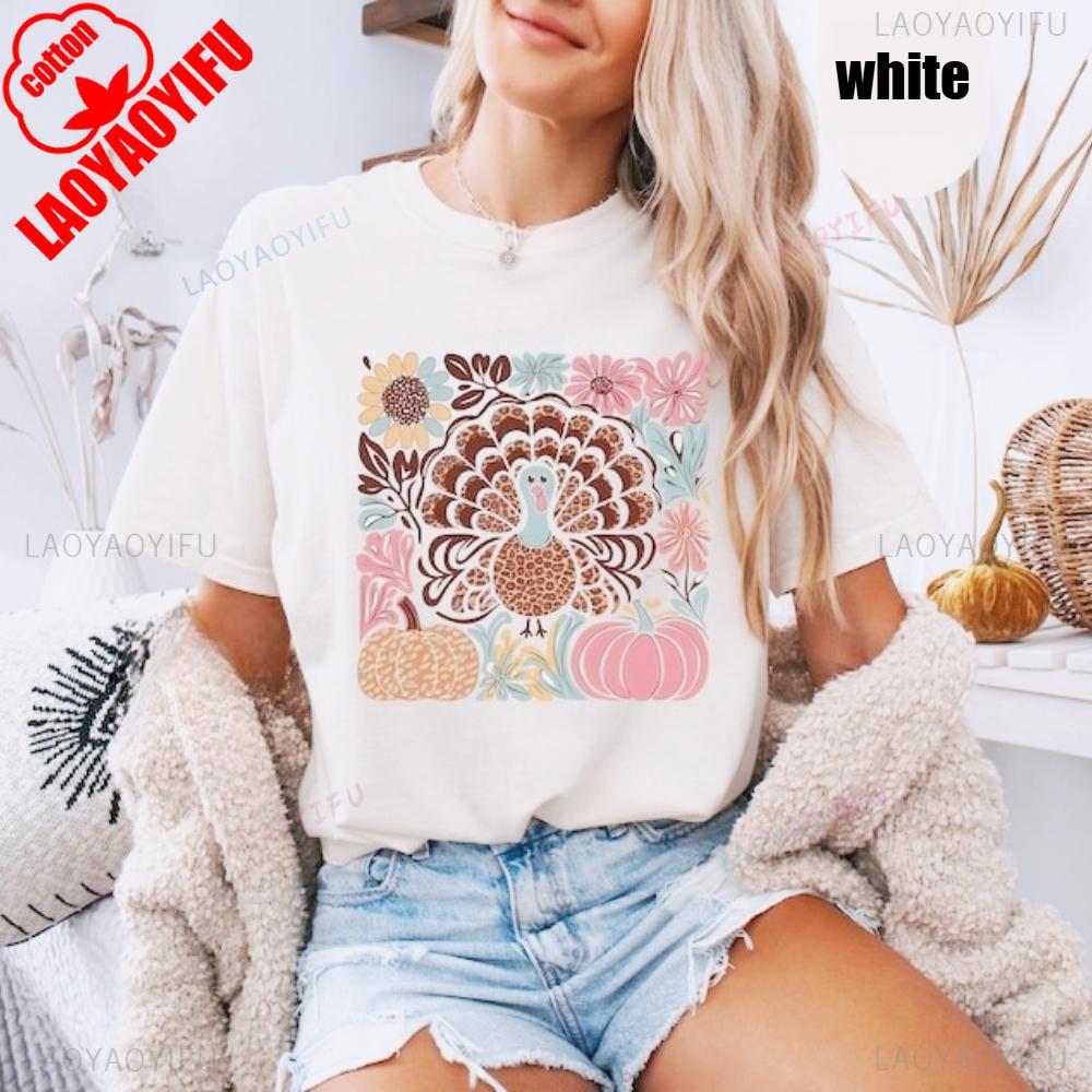 Floral Turkey TShirt Thanksgiving Boho Tee Creative Design Art Aesthetics Shirt Thanksgiving Turkey Tops Women Casual Cotton T