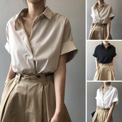 Women Summer Shirt Lapel Short Sleeve Solid Color Pullover Tops Loose Fit Thin Office Lady Shirt Workwear
