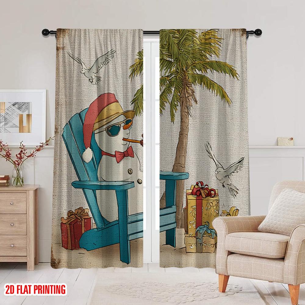 2 Stück, 2D-Flachdruck Druckvorhänge Strandstuhl Schneemann 100% Polyester (ohne Stange) Festlicher Gebrauch für Schlafzimmer, Wohnzimmer,